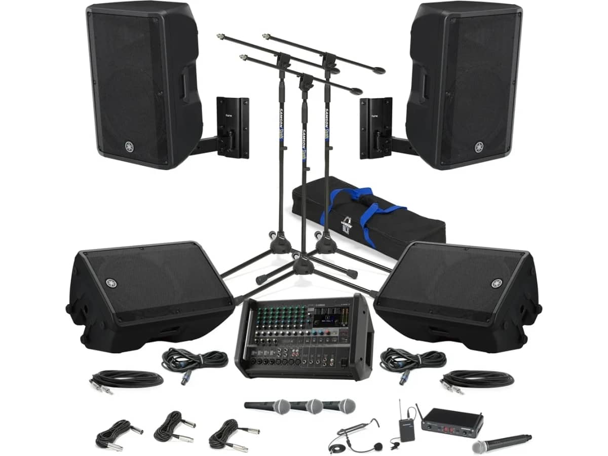 Small Auditorium Sound System with 4 Surface Mount Yamaha 15" Loudspeakers, 12-Channel Mixer and All-in-One Dual Wireless Microphone System