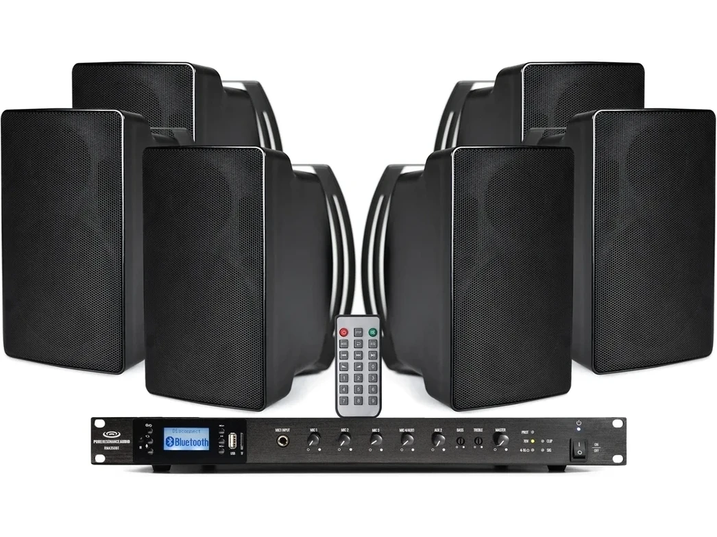 Background Music Sound System with 6 S5 Audio Indoor/Outdoor Surface Mount Speakers and 350W Rack Mount Bluetooth Mixer Amplifier