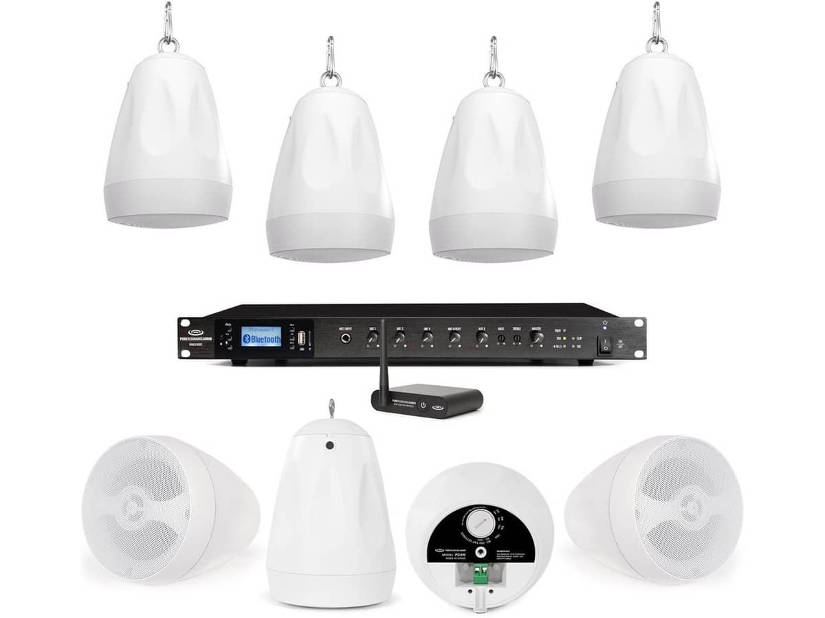 Background Sound System with 8 PD4W 4" 70V Pendant Speakers, RMA240BT 240W Mixer Amplifier and BTR1 Bluetooth Wireless Audio Receiver