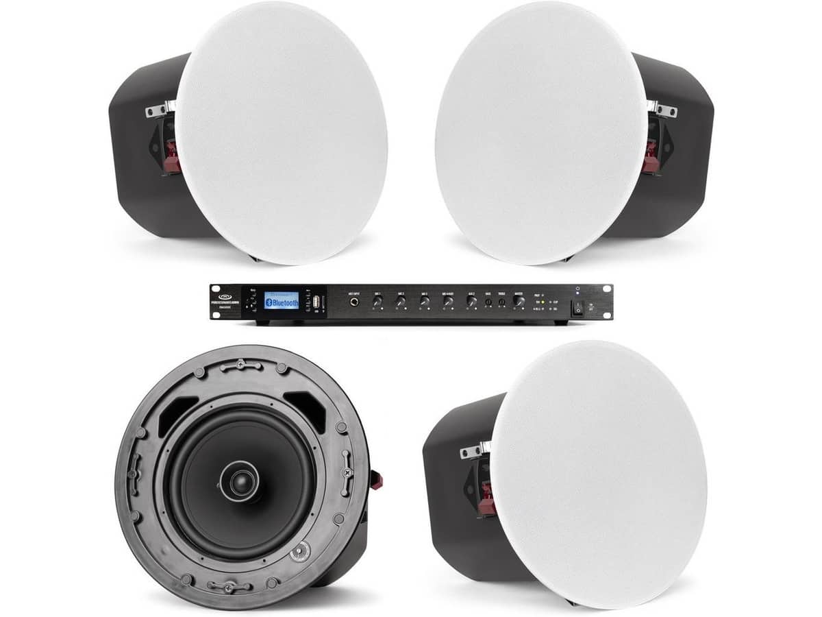 Office Sound System with 4 C8 8" 70V Ceiling Mount Speakers and RMA500BT 500W Rack Mount Mixer Amplifier