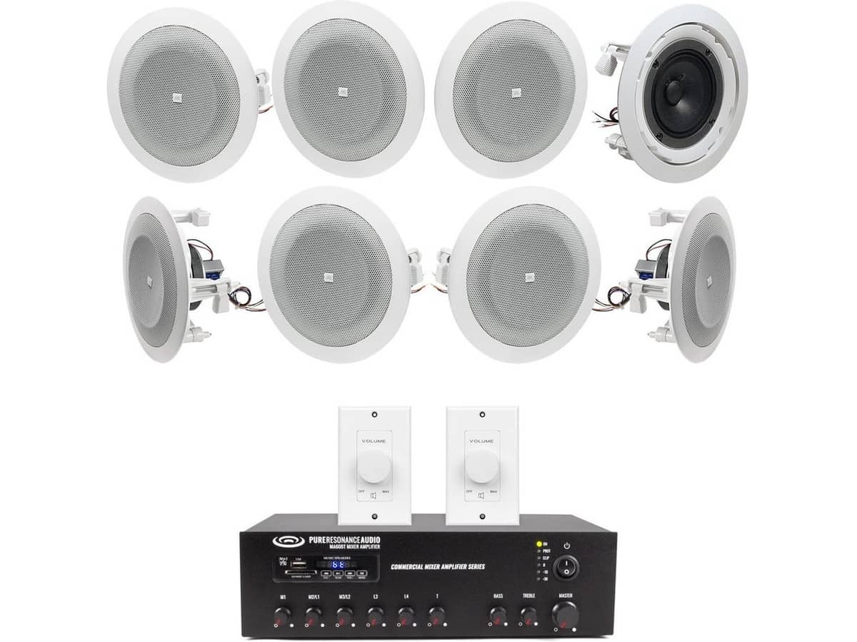 Background Music Sound System with 8 JBL In-Ceiling Speakers and Bluetooth Mixer Amplifier (Up to 3,000 SF)