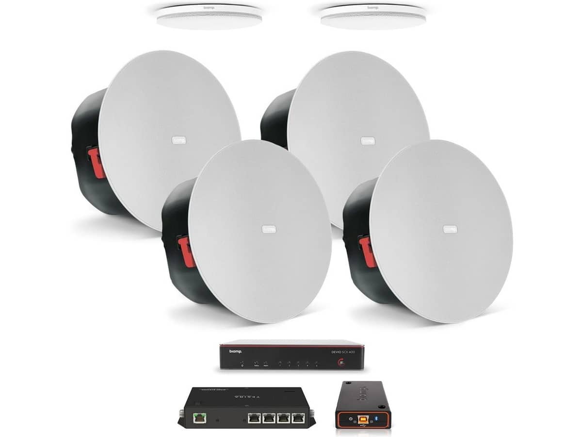 Conference Room Sound System with 4 Biamp Ceiling Speakers and 2 Beamtracking Ceiling Microphones