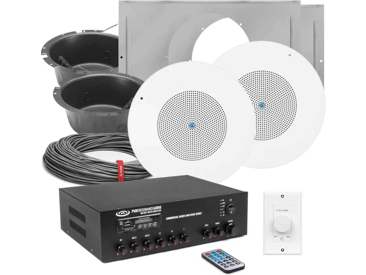Church Cry Room Sound System with 2 In-Ceiling Speakers, Bluetooth Mixer and Volume Control
