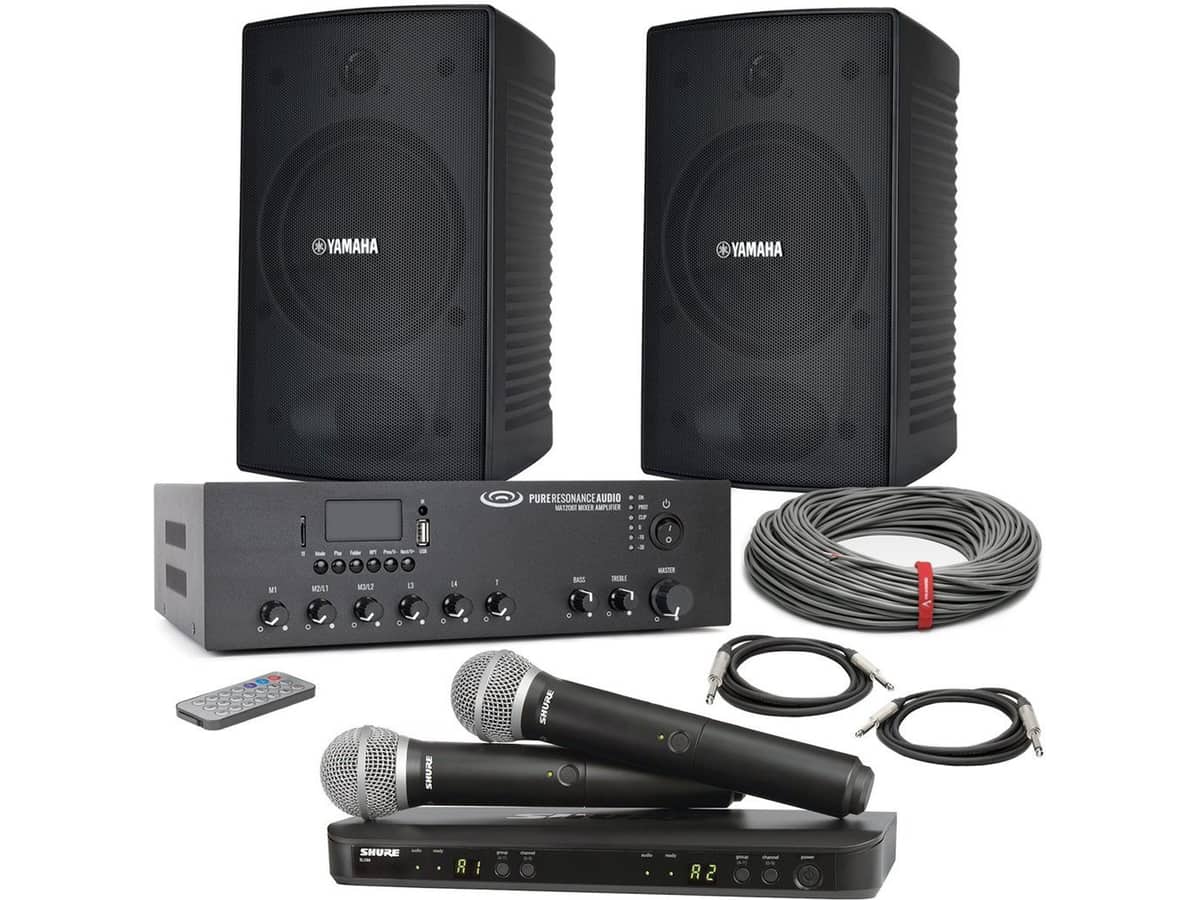 Church Conference Room Sound System with 2 Surface Mount Speakers, Bluetooth Mixer Amplifier and Dual Wireless Microphone