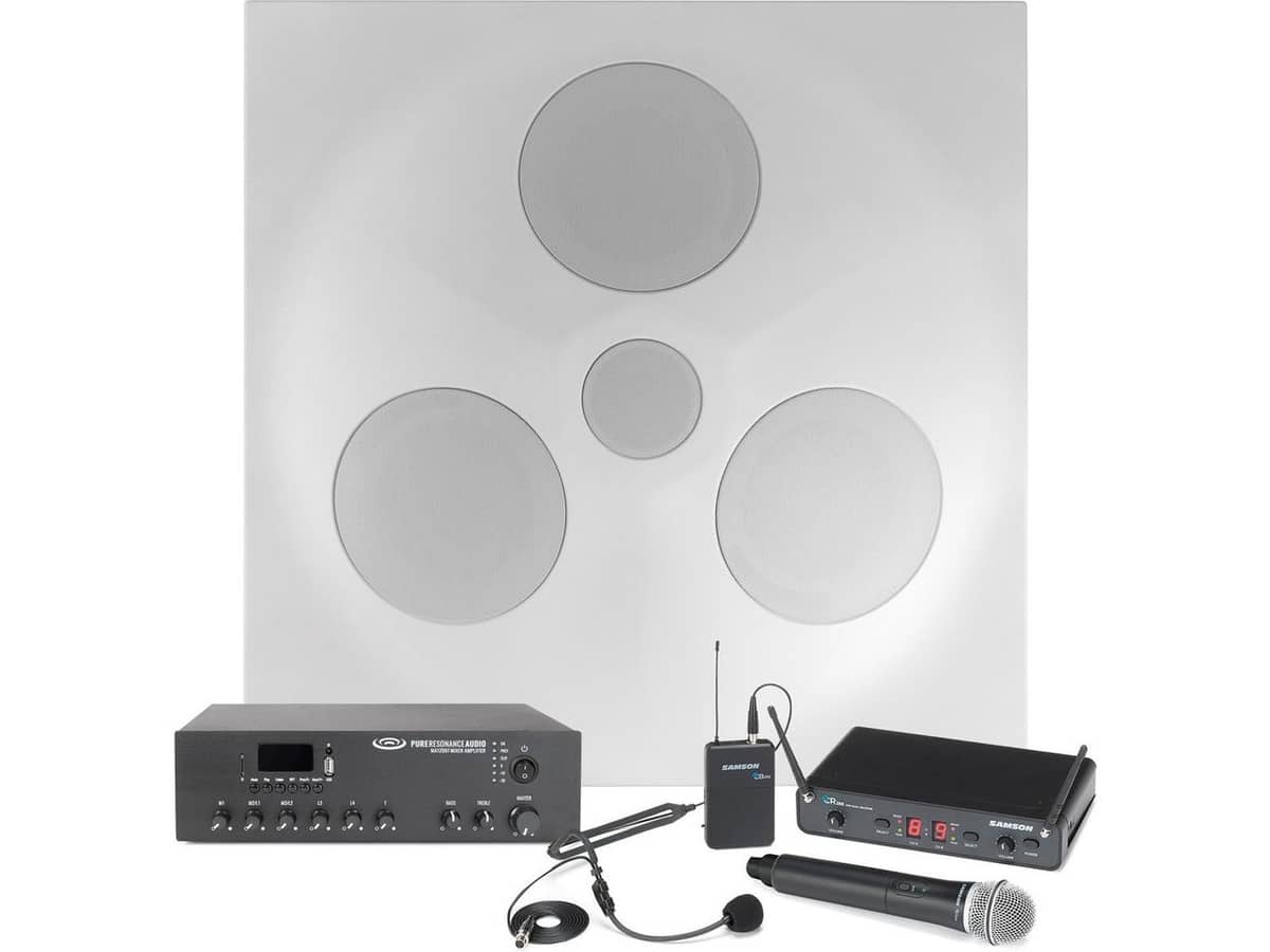 Classroom and Conference Room Sound System with SD5 SuperDispersion Ceiling Speaker Array, MA120BT 120W Bluetooth Mixer Amplifier and Dual Wireless Microphone System