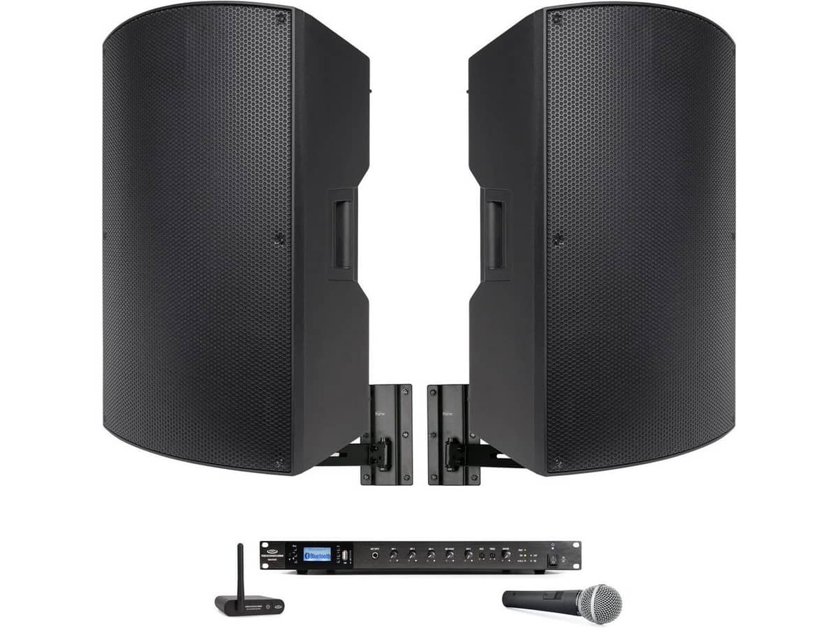 School Cafeteria Sound System with 2 P115 15" Passive PA Speakers, RMA500BT 500W Mixer Amplifier, BTR1 Bluetooth Receiver and UC1S Handheld Mic