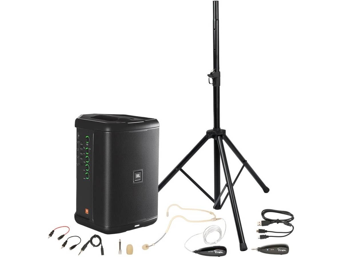 Portable Fitness Sound System with JBL EON One Compact Bluetooth Speaker and Wireless Waterproof Headset Microphone