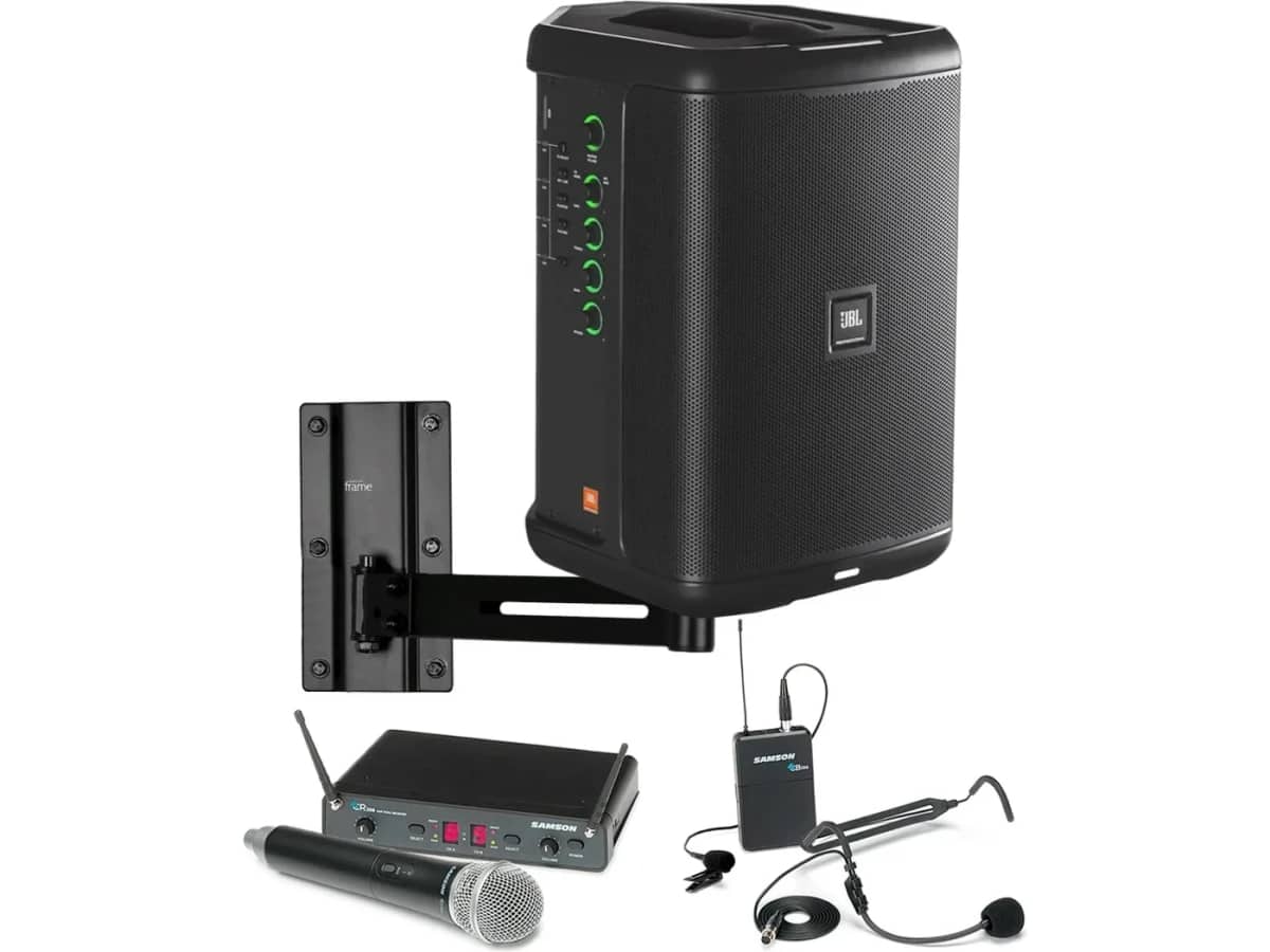 Presentation, Training Room, Education and Classroom Sound System Package with JBL EON One Compact Bluetooth Speaker and Dual-User Wireless Microphones