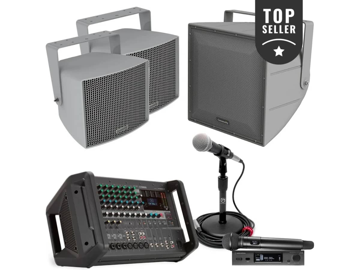 Football Stadium Sound System with 3 Community Stadium Speakers and Yamaha Powered Mixer with Feedback Suppressor