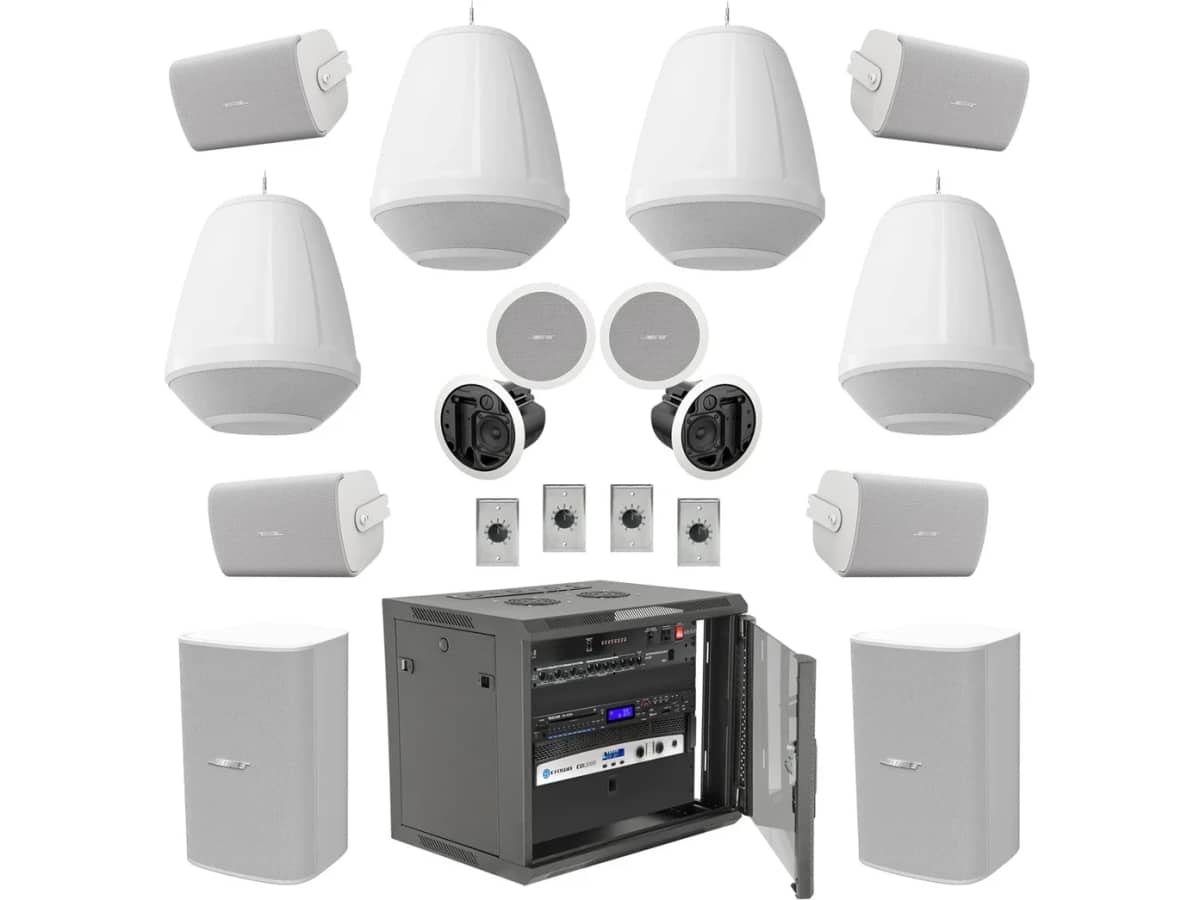 Rock Climbing Gym Sound System with 4 QSC All-In-One Pendant Loudspeaker Systems, 10 Bose Speakers and Bluetooth Connectivity