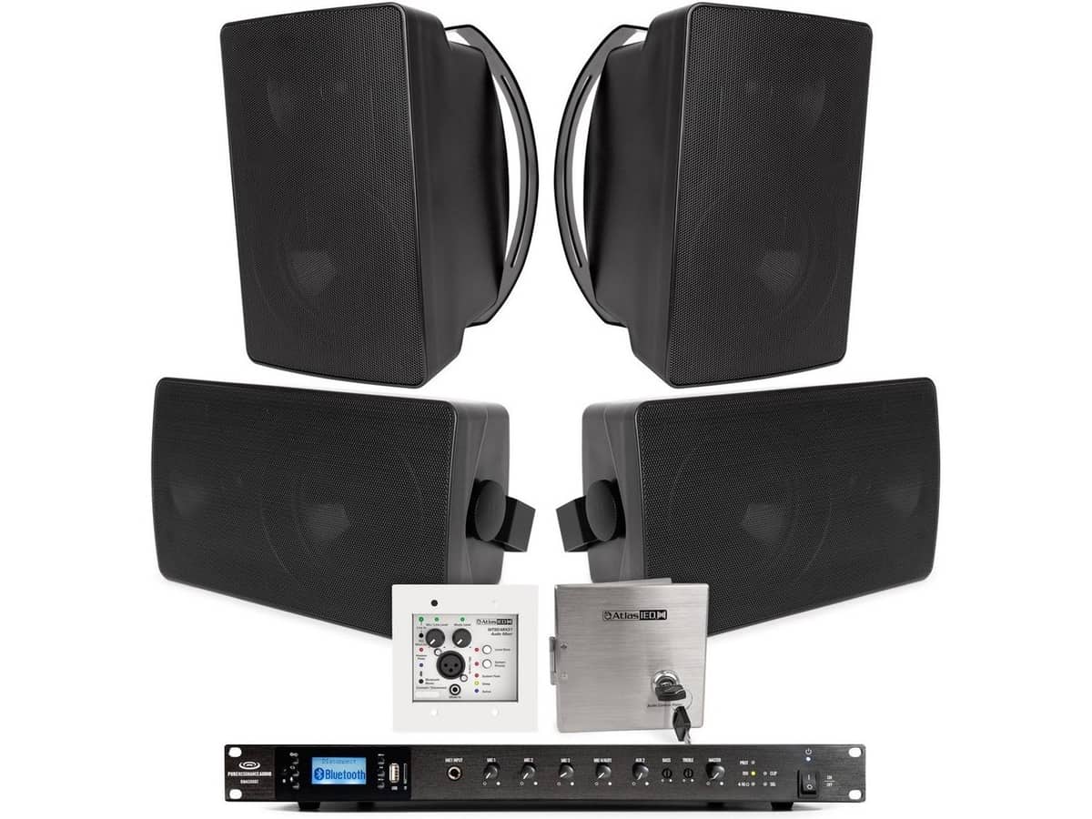 Hot Yoga and Pilates Sound System with 4 Pure Resonance Audio S6 6.5" Outdoor Speakers, RMA500BT 500W Bluetooth Mixer Amplifier, and In-Wall Mixer with All-Weather Security Cover