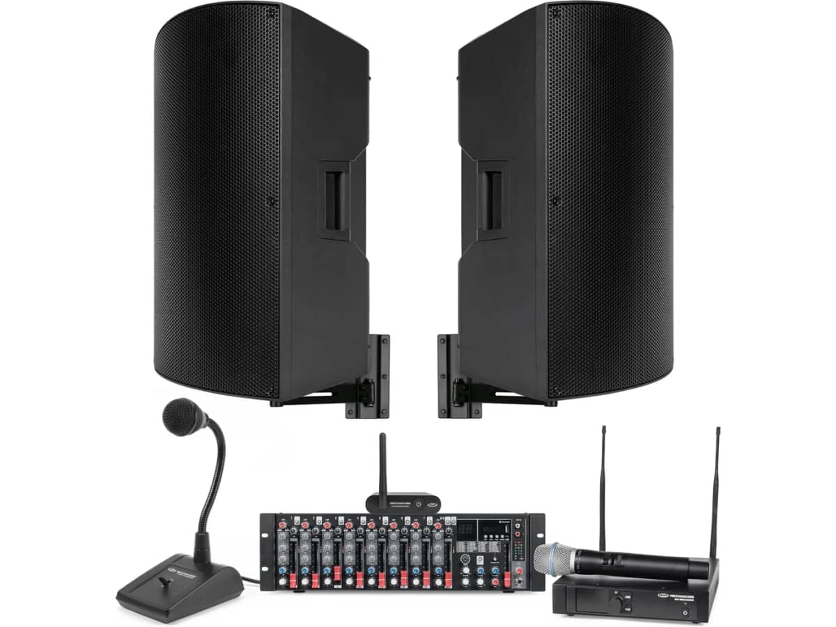 Gymnasium PA System with 2 A115 15" Powered PA Speakers, MX9 Mixer, WMS1-HH Wireless Handheld Mic, PTT1 Paging Mic and BTR1 Bluetooth Receiver