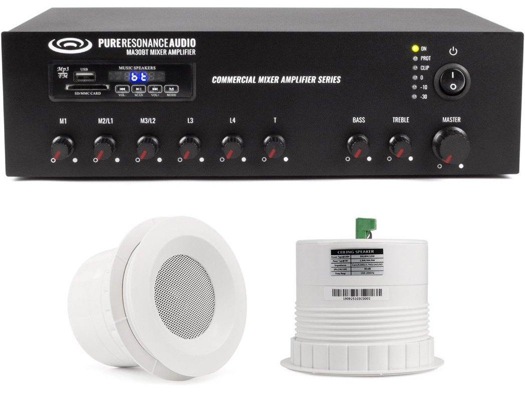 Auxiliary Area Sound System with 2 C3 Ceiling Speakers and MA30BT 30W Bluetooth Mixer Amplifier