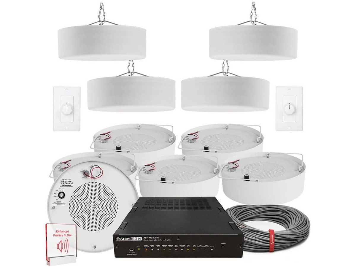 Office Sound Masking and BGM System with AtlasIED Pendant Mount Speakers and Controller Amplifier for up to 6000SF