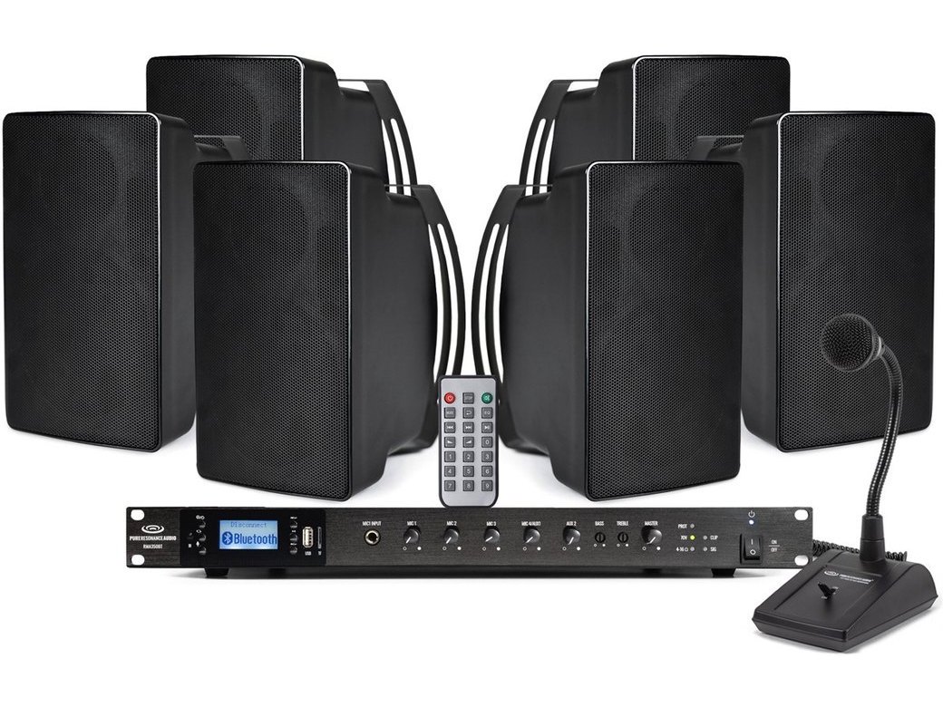 Paging Sound System with 6 Pure Resonance Audio S5 Indoor/Outdoor Surface Mount Speakers, RMA350BT Rack Mount Bluetooth Mixer Amplifier and Push-to-Talk Microphone