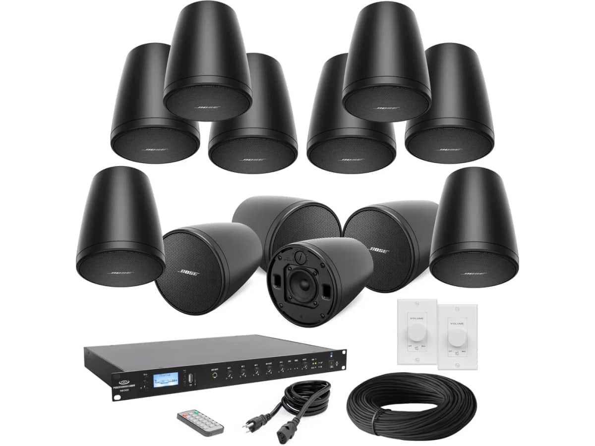 Bose Restaurant Sound System with 12 FreeSpace FS2P Pendant Mount Speakers and RMA240BT 240W Rack Mount Bluetooth Mixer Amplifier
