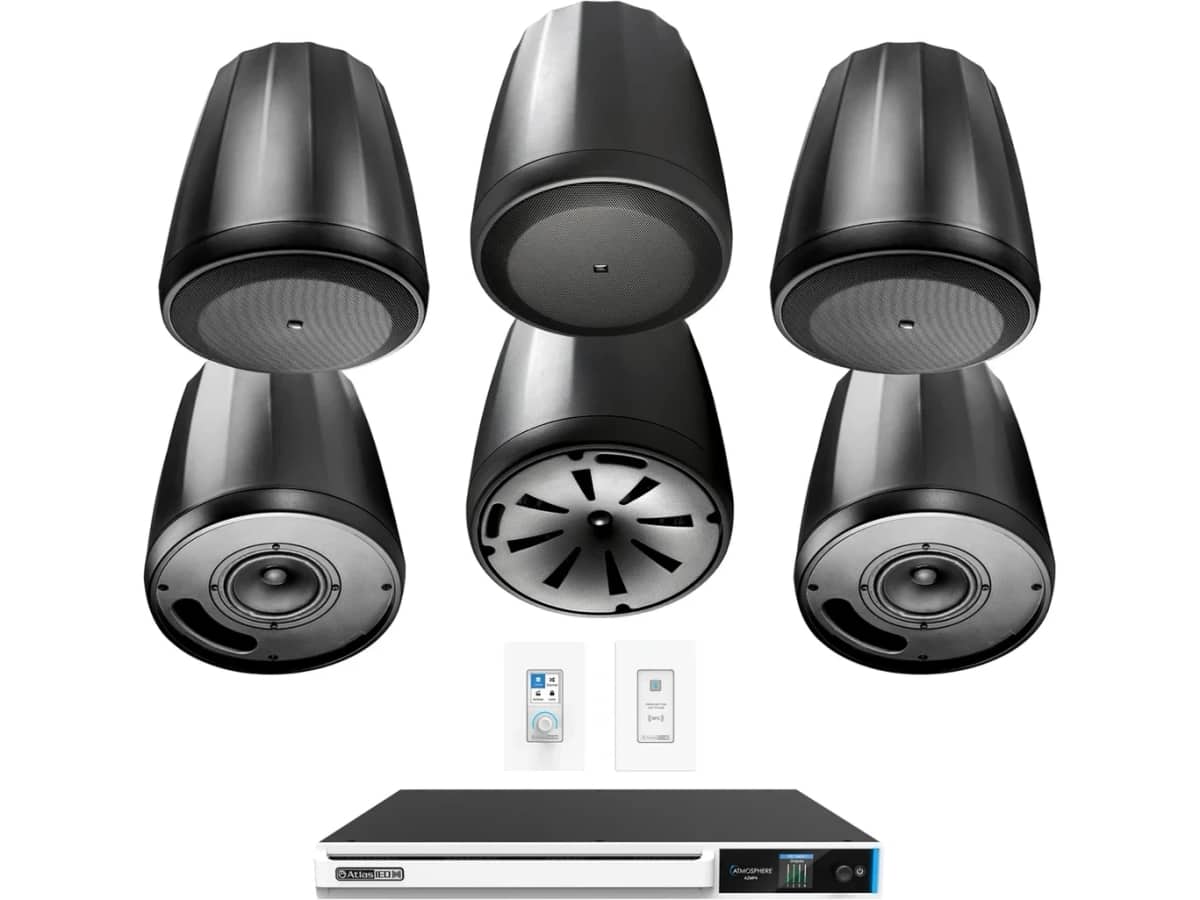 Restaurant Sound System with 6 JBL Pendant Mount Speakers, 4-Zone Audio Processor, Remote Bluetooth Receiver and Volume Control