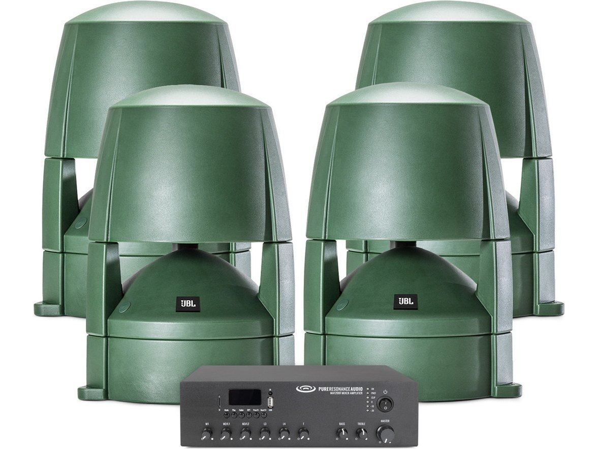 Restaurant Sound System for Outdoor Areas with 4 JBL Landscape Garden Speakers and Bluetooth Mixer Amplifier