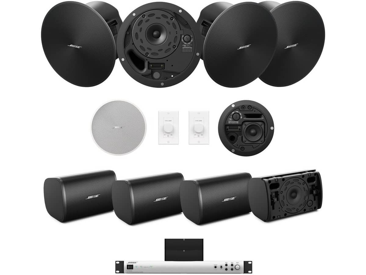 Bose 2-Zone Restaurant Sound System with 6 DesignMax In-Ceiling Speakers, 4 Outdoor Patio Speakers, FreeSpace Integrated Zone Amplifier, Volume Controls, and WiFi Streaming