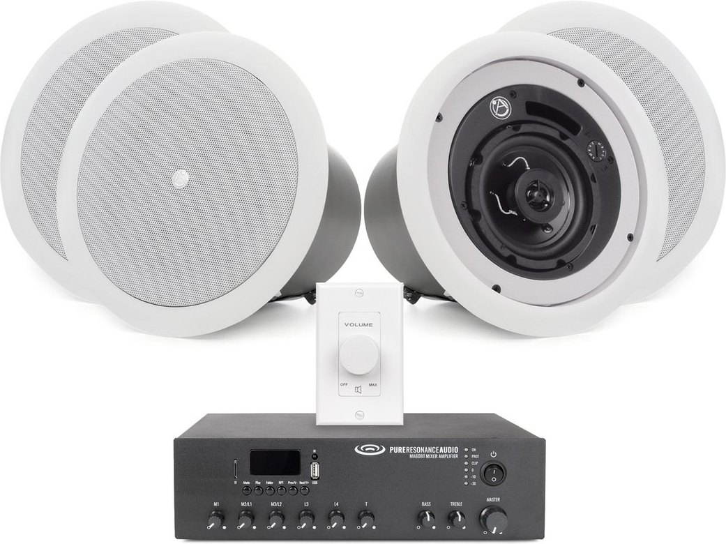 Restaurant Sound System with 4 AtlasIED FAP42T In-Ceiling Speakers, Bluetooth Mixer Amplifier and Volume Control