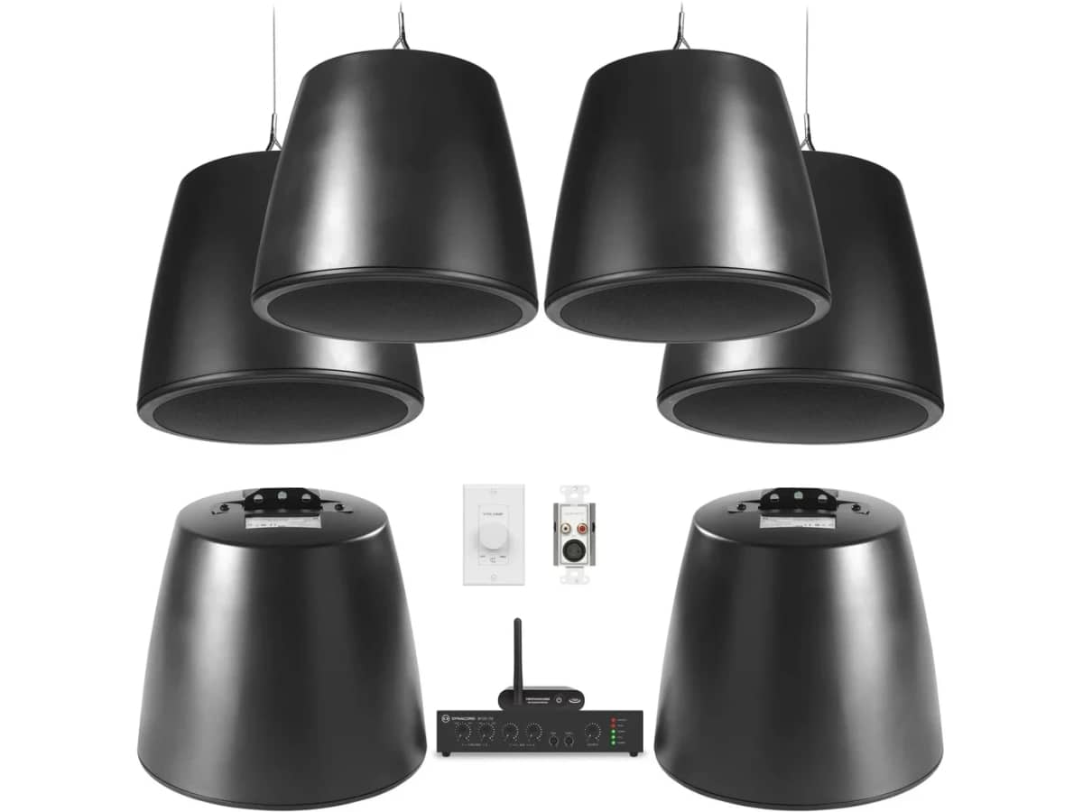 Restaurant Music System with 6 Electro-Voice EVID-P6.2 Pendant Speakers, Mixer Amplifier, Audio Input Panel, Volume Control, and Bluetooth