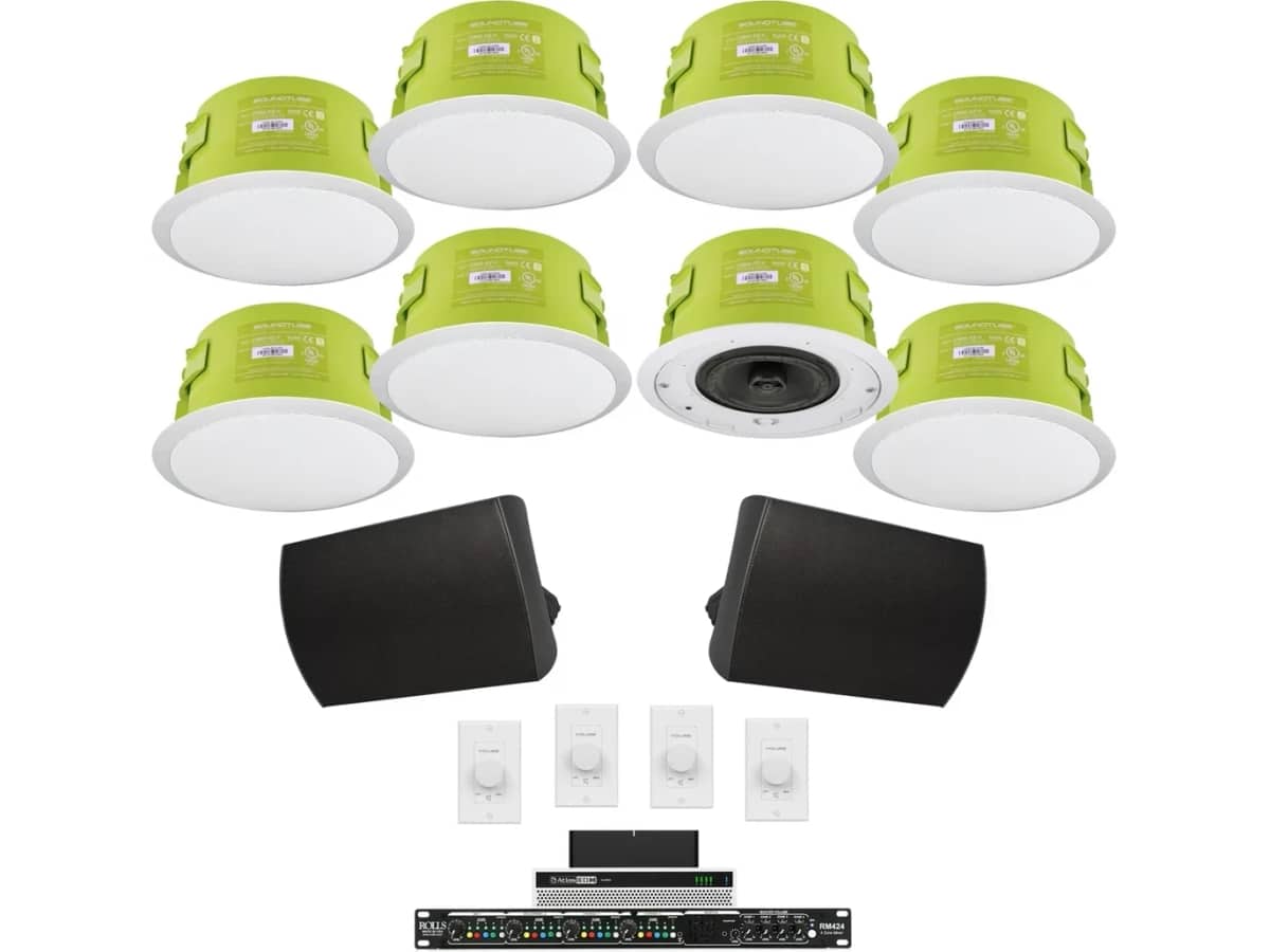 Multi-Zone Restaurant Sound System with 8 SoundTube Ceiling Speakers, 2 Outdoor Patio Speakers, 800W Power Amplifier, 4-Zone Mixer, 4 Volume Controls, and Sonos Port WiFi Streaming