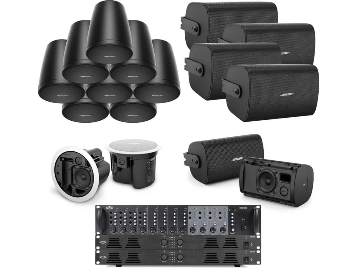Multi-Zone Background Music Restaurant Sound System with Bose Professional FreeSpace FS Speakers up to 10,000 SF (Up to 4 Zones)
