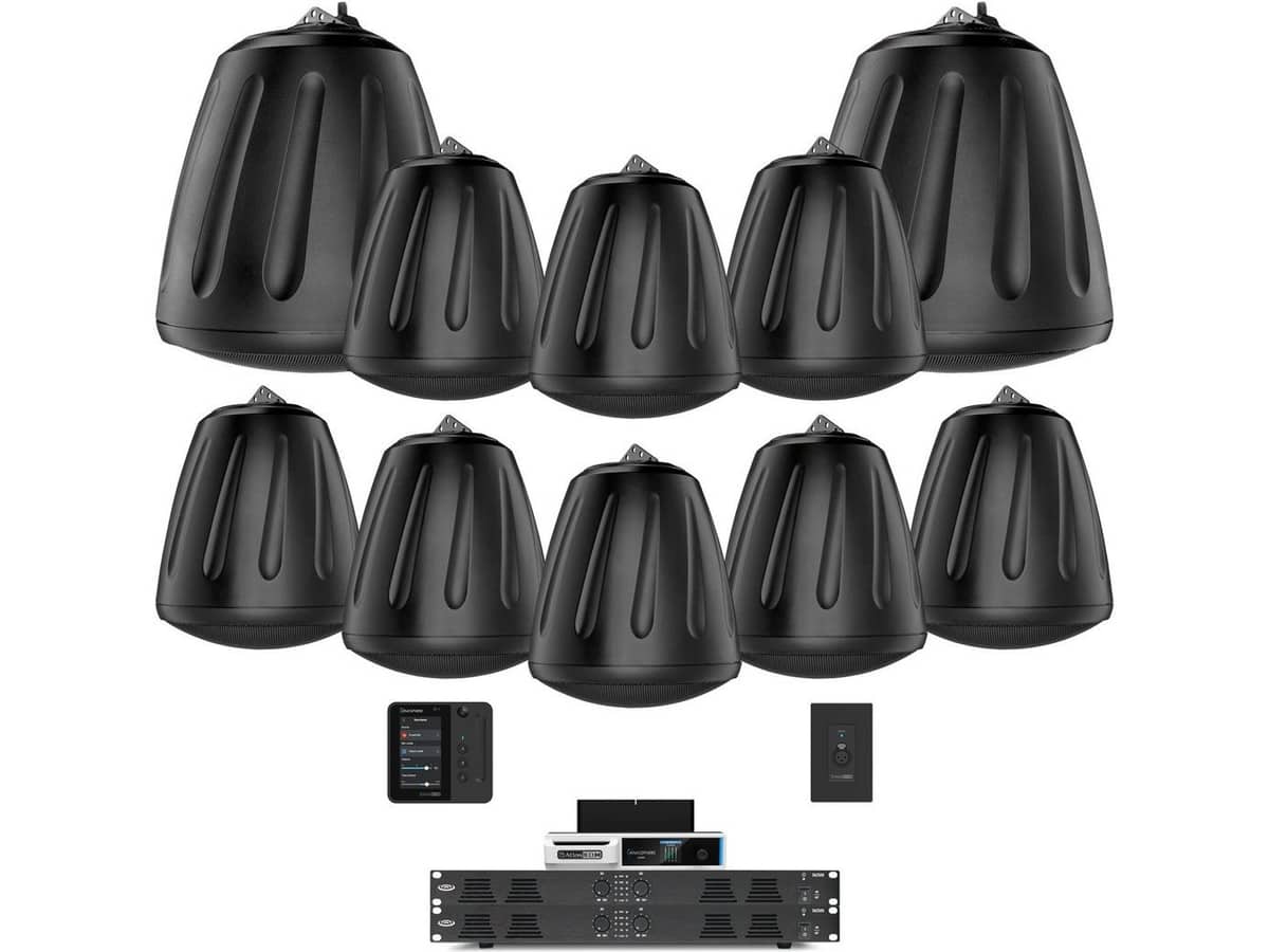 Restaurant Audio System with 8 SoundTube Pendant Speakers, 2 Pendant Subwoofers, 2 Power Amplifiers, 4-Zone Audio Processor, Wall Control Panel, Remote XLR Input and Wifi Streaming