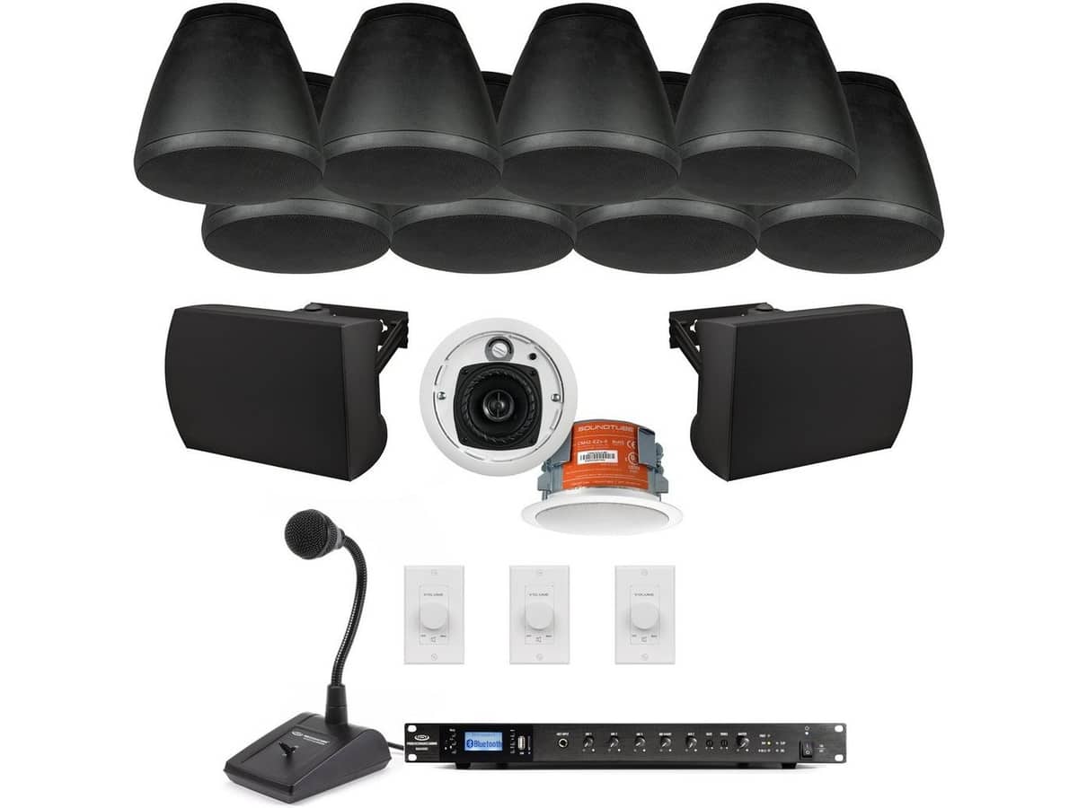 Restaurant Sound System with 8 Pendant Speakers, 2 In-Ceiling and 2 Outdoor Speaker and 500W Bluetooth Rack Mount Mixer Amplifier