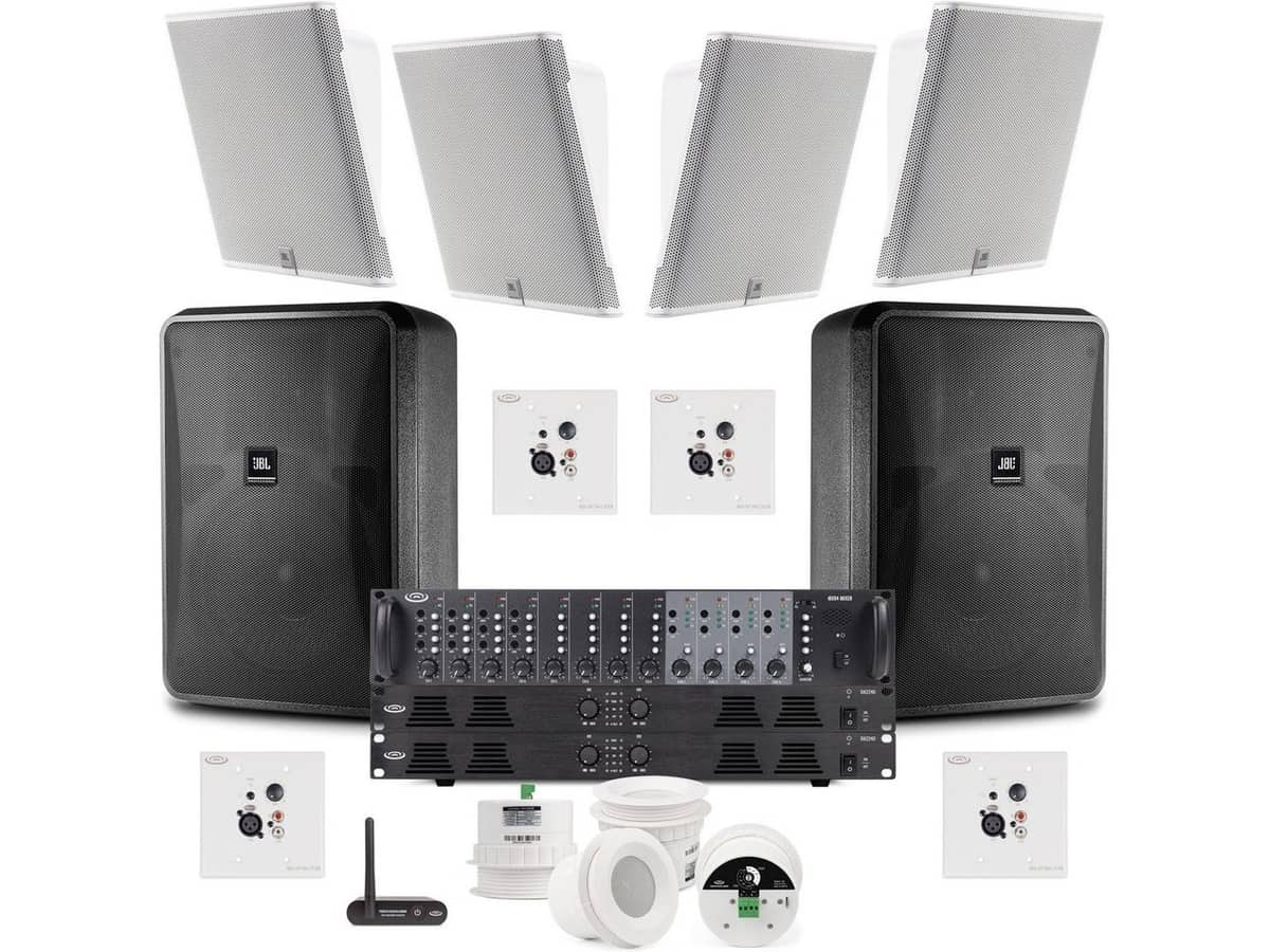 Multizone Restaurant Sound System with 4 Wall Speakers, 2 Indoor/Outdoor Speakers, 4 Ceiling Speakers, 4-Zone Mixer, Power Amplifiers, and Bluetooth Receiver