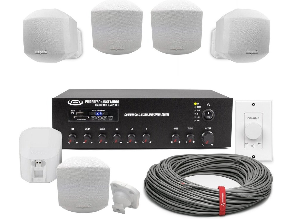 Retail Background Music System with 6 Biamp MASK2 Surface Mount Speakers, MA60BT 60W Bluetooth Mixer Amplifier and Volume Control