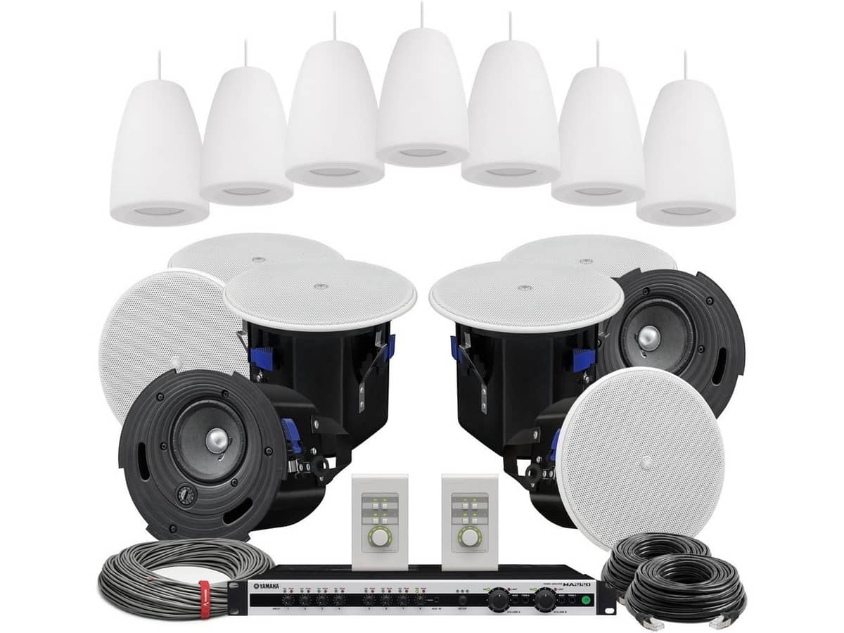 Retail Store Sound System with 8 Pendant Speakers, 8 Ceiling Speakers, Yamaha MA2120 Mixer Amplifier and Volume Controls