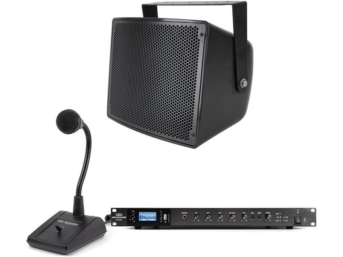 Public Address Sound System with S10 Outdoor Speaker, RMA240BT Bluetooth Mixer Amplifier and Paging Microphone