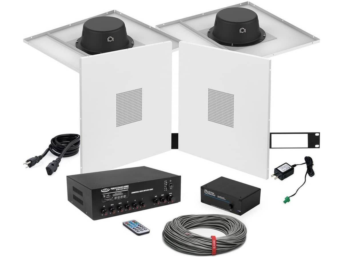 Medical Facility Sound Masking System with AtlasIED Drop Tile Ceiling Speakers, Bluetooth Mixer Amplifier and White Noise Generator up to 1200SF