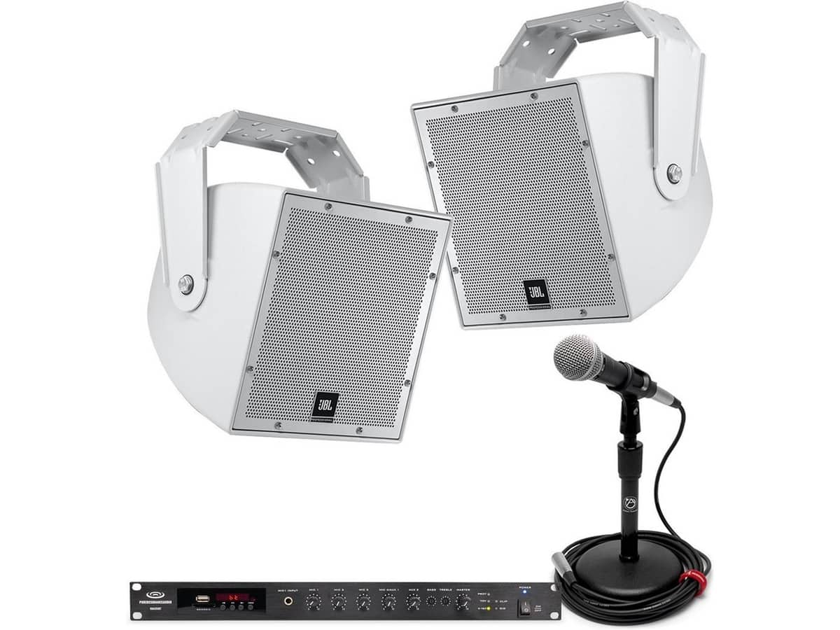 Athletic Field Sound System with 2 JBL Compact Weatherproof Speakers, Bluetooth Mixer Amplifier and Microphone