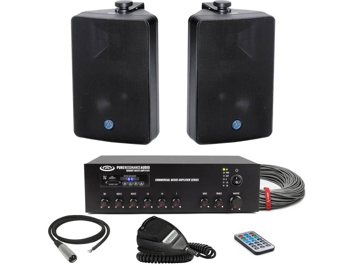 Warehouse Sound System with 2 AtlasIED SM52T All-Weather Speakers, 60W Bluetooth Mixer Amplifier and Push-To-Talk Handheld Mic
