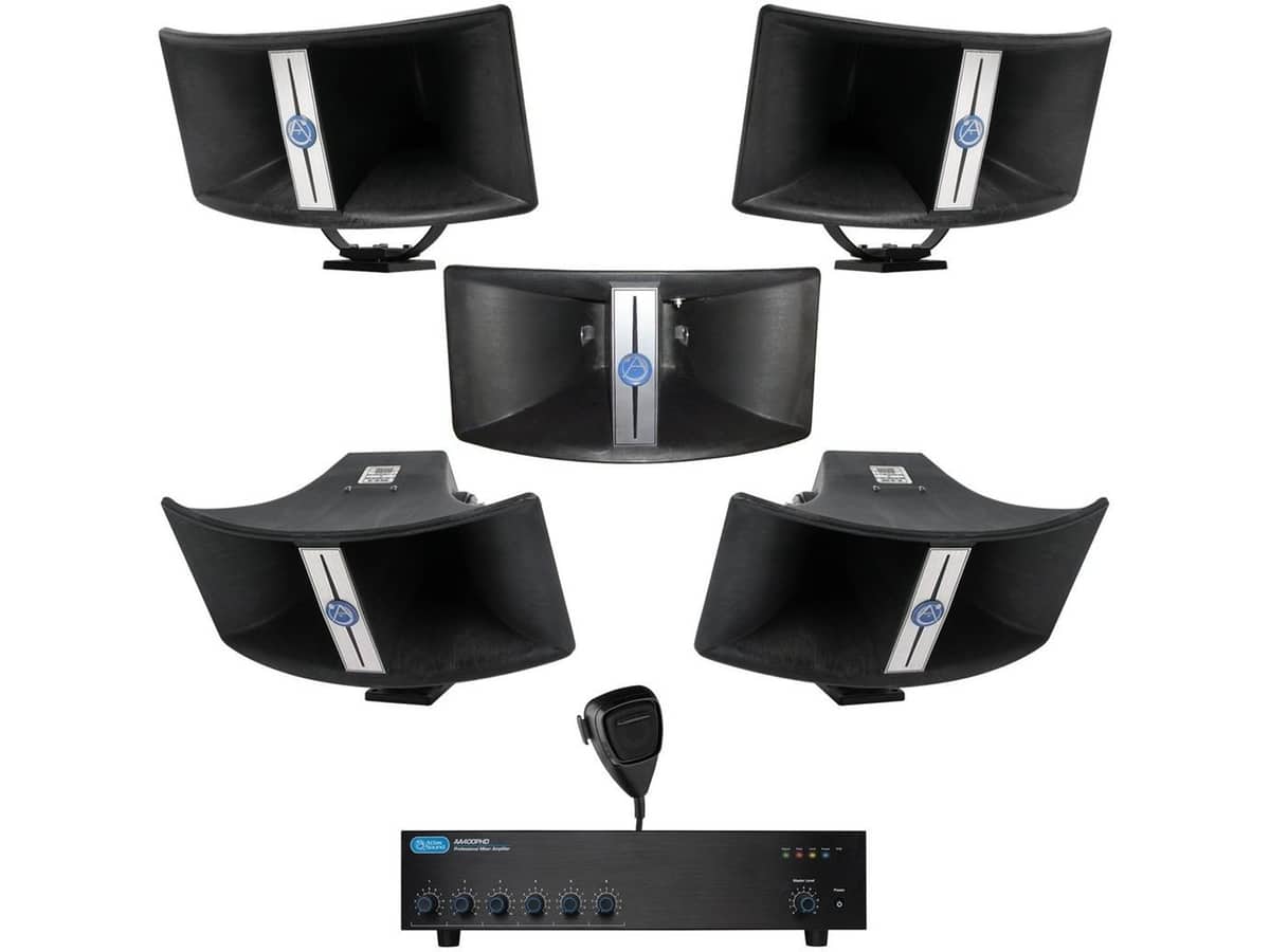 Aircraft Hangar PA Sound System with 5 AtlasIED Bi-Axial Wide Coverage 125 dB High Output Indoor Outdoor PA Horns