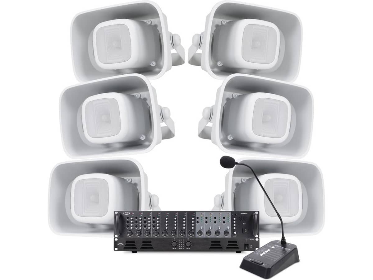 Two-Zone Warehouse PA System with 6 H6 6.5" All-Weather Horn Loudspeakers, MX84 Multi-Zone 8-Channel Mixer, DA2240 Power Amplifier and MX8-PM Paging Microphone
