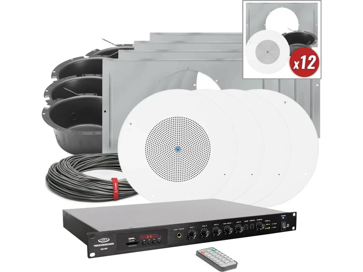 Cafeteria Sound System for Industrial Dining Facilities with 12 AtlasIED In-Ceiling Speaker Kits and Bluetooth Mixer Amplifier